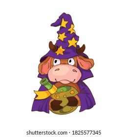 Halloween. Cartoon bull dressed as a wizard with a witch's potion in his paws. Vector illustration for holiday design, in a flat style.