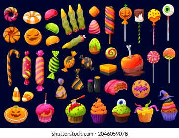 Halloween cartoon candies and lollipops with witch fingers, candy corn and pumpkin cupcakes, vector. Halloween trick or treat sweets, chocolate skulls and liquorice bones, spooky cakes and cookies