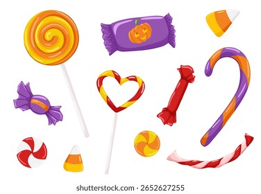 Halloween cartoon candies set. Vector hand drawn sweets, lollipops, candy, jelly bean. Trick or treat design elements isolated on white for print, stickers, decor