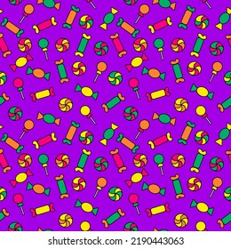 Halloween cartoon candy pattern.  Colorful vector illustration on purple background