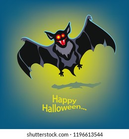 Halloween cartoon card. Scary character. Bat. Vector illustration.