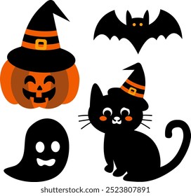  Colección de celebración de dibujos animados de Halloween con Black Bat, Black Cat, Ghost, Witchy Hat y Spooky Pumpkin Symbols para el 31 de octubre, Trick or Treat Parties y Decoraciones de otoño.