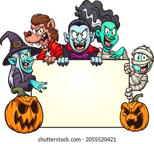 Halloween cartoon character around a white board. Vector clip art illustration with simple gradients. Some elements on separate layers.
