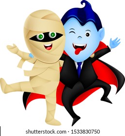 Halloween cartoon character. Dracula and mummy. Trick or treat, Halloween concept. Illustration isolated on white background.