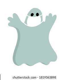 halloween cartoon character during covid-19 pandemic. scary cute ghost in protective mask.