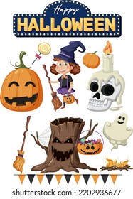 Halloween cartoon character and elements set illustration