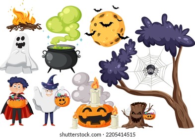 Halloween cartoon character and elements set illustration