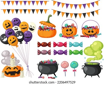 Halloween cartoon character and elements set illustration