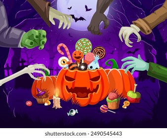 Halloween personaje de dibujos animados manos y dulces cubo en el cementerio. Fiesta de horror de la temporada de otoño, vacaciones de miedo de otoño o fondo de Vector de celebración de Halloween feliz con manos de monstruos, dulces espeluznantes