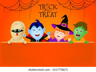 Halloween cartoon character holding blank paper banner for text. Zombie, Dracula, Mummy and Witch. Illustration isolated on orange background. Halloween design element for banner, postcard, poster.