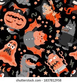 Halloween cartoon character seamless pattern. Hand-drawn vector illustration with Monster, Slime Slug, Wolf, Devil, Pumpkin, Witch, Dragon, Vampire. Mystery, For background, wallpaper, fabric, paper