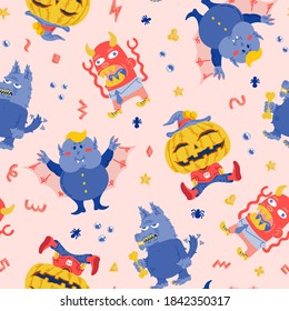 Halloween Cartoon Character Seamless Pattern. Handdrawn vector illustration with Wolf, Pumpkin Jack o Lantern, Vampire, Beast Devil. For background, wallpaper, fabric, paper