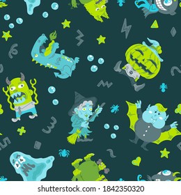 Halloween Cartoon Character Seamless Pattern. Handdrawn vector illustration with Pumpkin Jack o Lantern, Witch, Dragon, Vampire, Beast, Slime, Devil. For background, wallpaper, fabric, paper