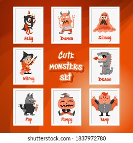 Halloween cartoon character set. Hand-drawn vector illustration with Monster, Slime Slug, Wolf, Devil, Pumpkin, Witch, Dragon, Vampire. Mystery, All Saints Day concept for halloween party, posters
