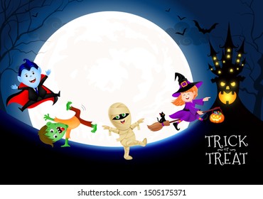 Halloween cartoon character set in moon night. witch, count dracula, zombie and mummy.  Happy halloween concept. Illustration for banner, poster, greeting card, digital design.