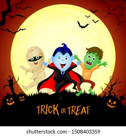 Halloween cartoon character set with moon. Count dracula, zombie and mummy. Illustration in moonlight background. 