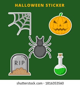 Halloween Cartoon Character Sticker. Gravestone and Pumpkin Flat Icon Vector Illustration. Spider and Poison Icon For Halloween Celebration