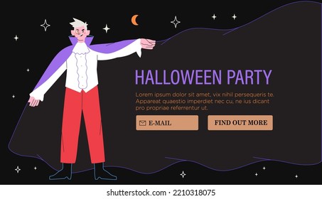 Halloween cartoon character wear magician gown and vampire costume. Creative concept for placard, social media or website banner, party invitation or poster.