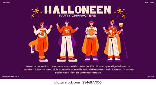 halloween cartoon characters in 90s groovy style.Mummy,ghost,witch,dracula, party costumes, retro horror scary mascots