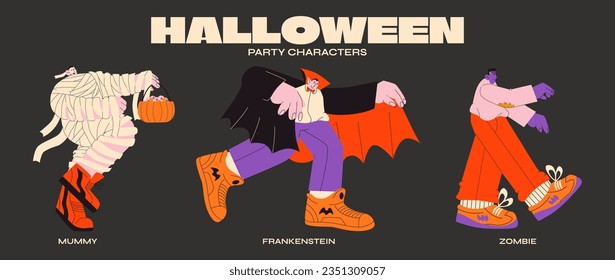 Halloween cartoon characters in 90s groovy style.Mummy, dracula, zombie. party costumes, retro horror scary mascots