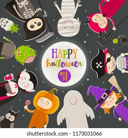 Halloween cartoon characters against a starry night sky. Children in halloween costume stand in a circle against a big moon with greeting. Vector illustration.