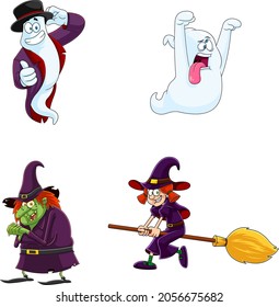 Halloween Cartoon Characters Ghost And Witch. Vector Collection Set Isolated On White Background