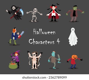 Halloween cartoon characters . Gray isolate background . Vector . Set 4 of 4 .