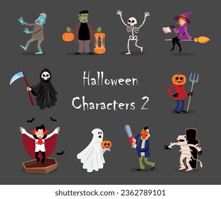 Halloween cartoon characters . Gray isolate background . Vector . Set 2 of 4 .