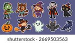 Halloween cartoon characters illustrations set. Funny cute monsters drawings vector collection.