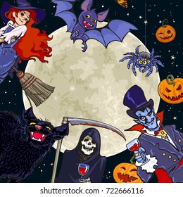 Halloween cartoon characters on full Moon background with space for text. Death, Dracula,little witch, bat, black cat,  pumpkins, spider. Hand drawn vector illustration isolated