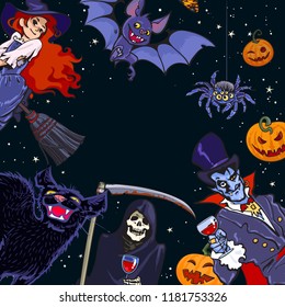 Halloween cartoon characters on night sky background with space for text. Death, Dracula,little witch, bat, black cat,  pumpkins, spider. Hand drawn isolated vector illustration in sketch style.
