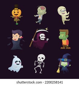 Halloween cartoon characters set illustration