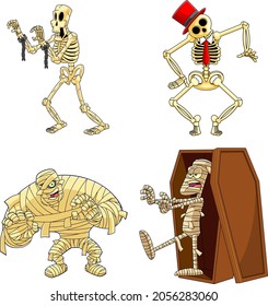 Halloween Cartoon Characters Skeleton And Mummy. Vector Collection Set Isolated On White Background