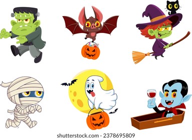 Halloween Cartoon Characters. Vector Flat Design Collection Set Isolated On Transparent Background