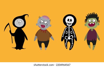 Halloween cartoon characters zombie frankenstein death with scythe and skeleton