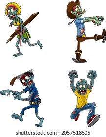 Halloween Cartoon Characters Zombie. Vector Collection Set Isolated On White Background