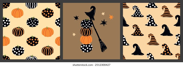 Halloween cartoon collection of two seamless patterns and composition with broom.Ornamental pumpkins and witch hats.Black white and colored objects on beige background.Vector design for printing.