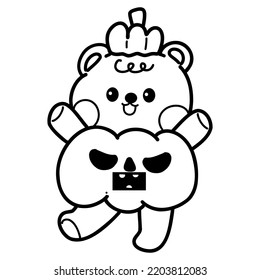 Halloween cartoon cute  bear  pumpkins outline illustration for coloring page 