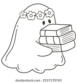 Halloween cartoon cute ghost  outline illustration for coloring page 