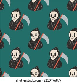 Halloween cartoon, cute illustration of death in costume with crosses and scythe, cartoon character on green background, flat design. Seamless pattern.