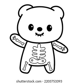 Halloween cartoon cute skeleton bear  outline illustration for coloring page 