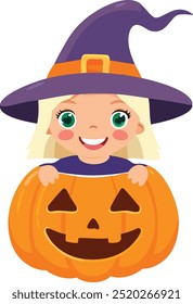 halloween cartoon cute smiling little witch in a pumpkin costume with a witch hat