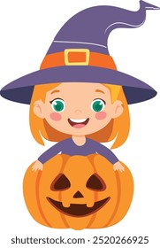 halloween cartoon cute smiling little witch in a pumpkin costume with a witch hat