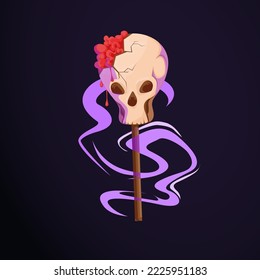 Halloween cartoon decor element, scary ghost monster, creepy flying ghost, skull on a stick, mushroom pumpkin, decorative object vector nightmare illustration