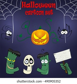 Halloween cartoon design elements with dead heads, spiders, severed hand and pumpkin. Vector