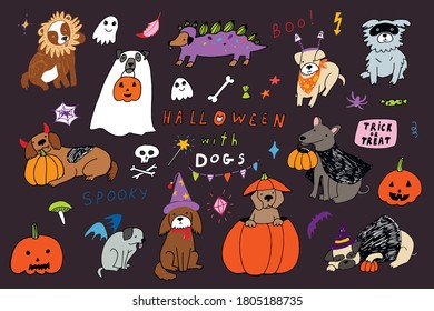 Halloween cartoon dogs, pumpkin, bones illustrations set