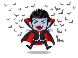 Halloween Cartoon. Dracula Vampire And Flying Bats Isolated On White Background . Vector Illustration.