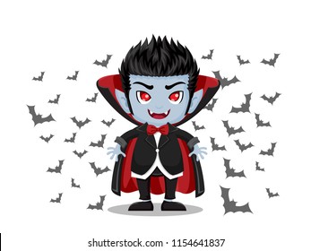 Halloween Cartoon. Dracula Vampire and flying bats isolated on white background . Vector illustration.