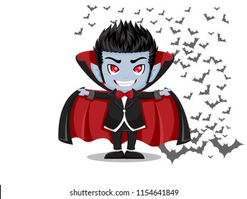 Halloween Cartoon. Dracula Vampire and flying bats isolated on white background . Vector illustration.