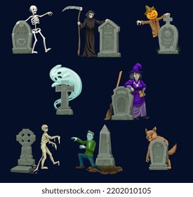 Halloween cartoon eerie characters around graves and gravestones. Vector horror ghost, witch and skeleton, Halloween pumpkin jack-o-lantern, zombie, mummy, death and werewolf, monsters on cemetery